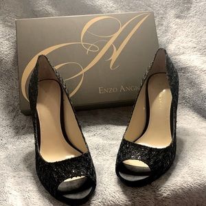Enzo Angiolini Black sparkly peep-toe heels